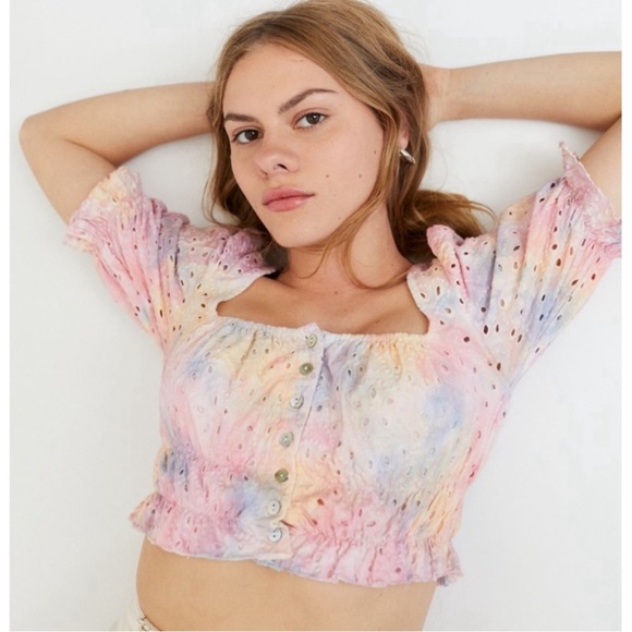 Urban Outfitters Tie Dye Pastel Ruffle Brooke Eyelit Blouse - Picture 2 of 7
